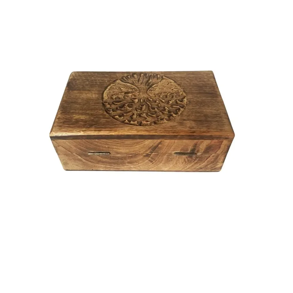 Rustic Tree of Life Carved Wooden Box with Clasp and Hinges